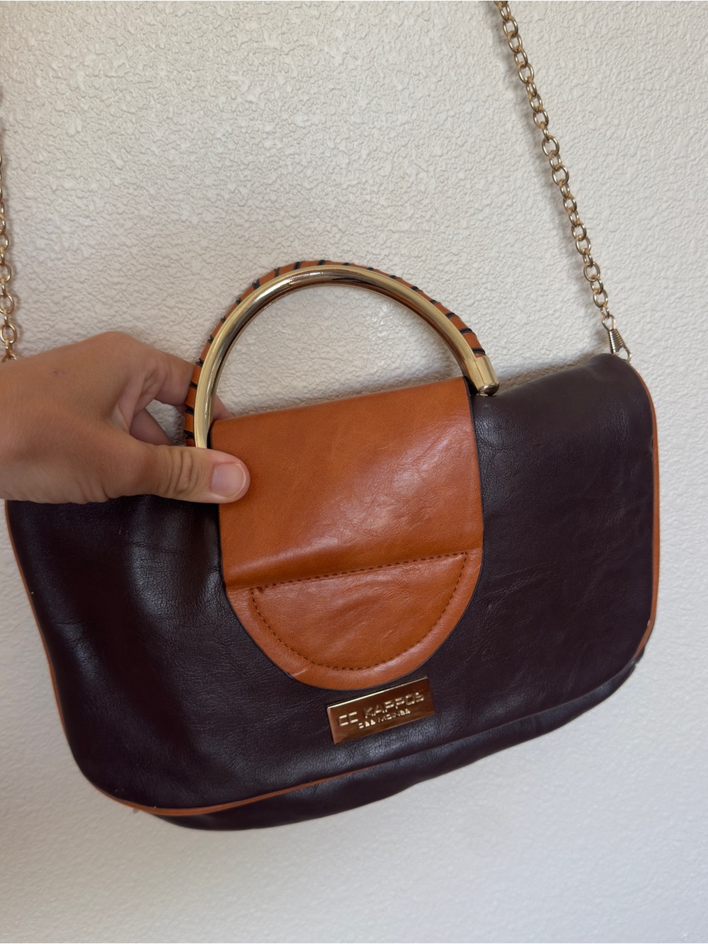 Two-Tone Brown & Tan Leather Shoulder Bag with Gold Handle